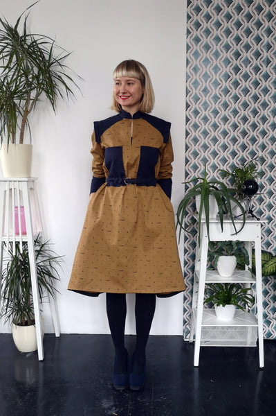 Space warrior Princess Mustard Yellow Heavy Cotton Shirt Dress with Navy Blue Linen details