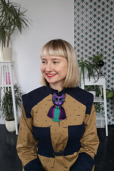 Magical and Fun Ovrsized Statement cat Brooch with Colorful Tassels in Violet and Teal