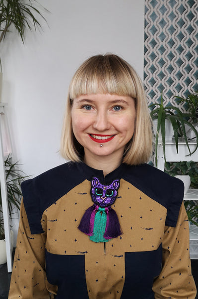Magical and Fun Ovrsized Statement cat Brooch with Colorful Tassels in Violet and Teal