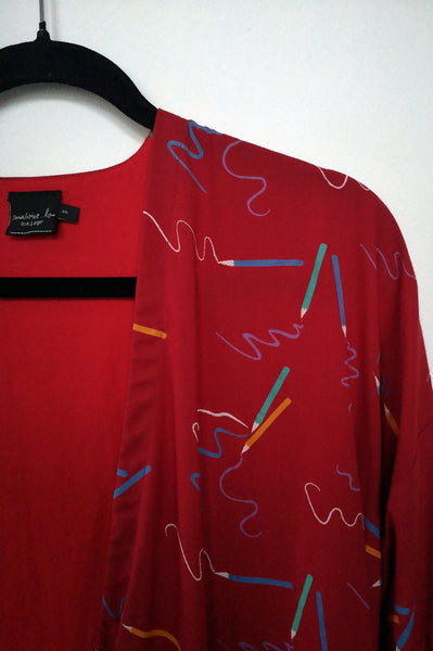 Vintage 90's Style Graphic Designer and Artist Colorful Pencil Print Oversized Transformer Kimono - Dress and Summer Coat