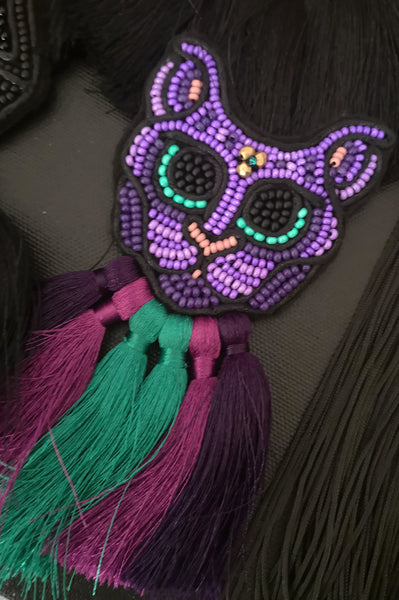 Magical and Fun Ovrsized Statement cat Brooch with Colorful Tassels in Violet and Teal