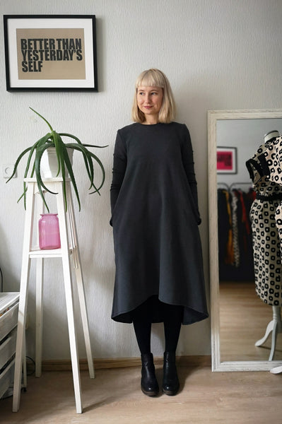 Warm and Comfortable Graffit Grey Melange Jersey Dress with Pockets and Extended Back - The Second warmest Dress in The World