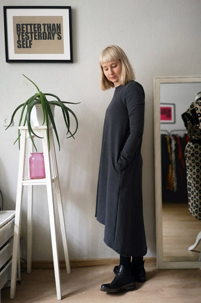 Warm and Comfortable Graffit Grey Melange Jersey Dress with Pockets and Extended Back - The Second warmest Dress in The World