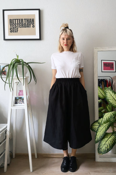 Black Linen Blend Super Wide Statement Japanese Inspired Minimalist Culottes