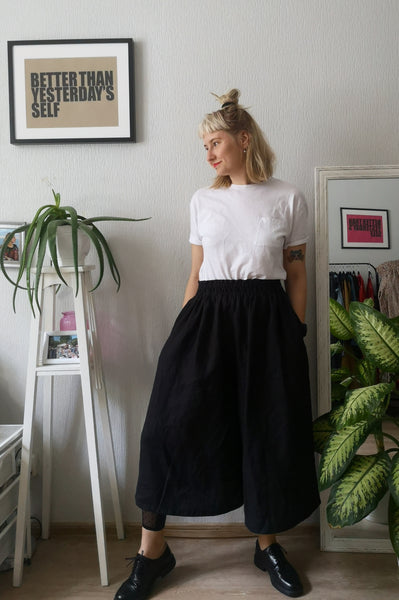 Black Linen Blend Super Wide Statement Japanese Inspired Minimalist Culottes