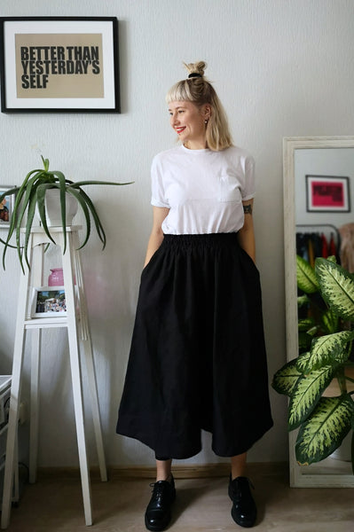 Black Linen Blend Super Wide Statement Japanese Inspired Minimalist Culottes
