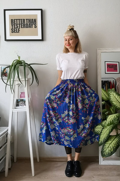 Colorful, Bright Patterned Print One Size Fits All Wide Blue Skirt with Pockets - A Minimalist Dream