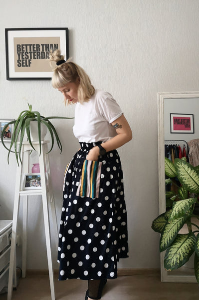 Fun, Comfy and Versatile Special Design Wide Midi Skirt in Dark Blue Polka Dot Print with Contrasting Striped Pockets in One Size Fits All Wide Cotton Skirt - A Minimalist Dream