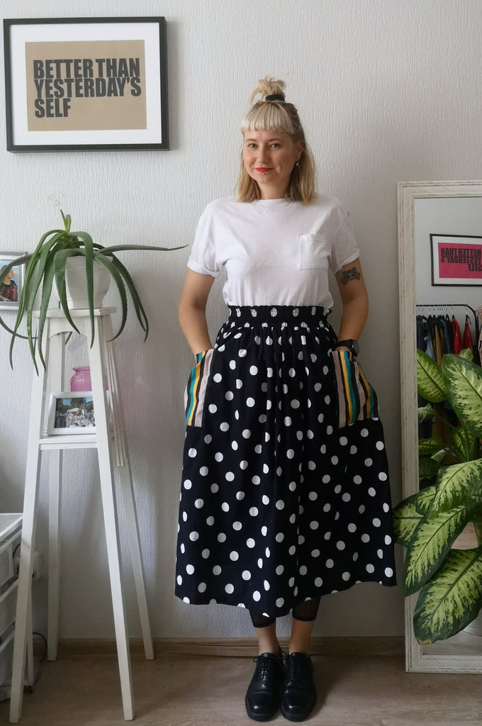 Fun, Comfy and Versatile Special Design Wide Midi Skirt in Dark Blue Polka Dot Print with Contrasting Striped Pockets in One Size Fits All Wide Cotton Skirt - A Minimalist Dream