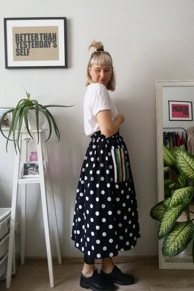 Fun, Comfy and Versatile Special Design Wide Midi Skirt in Dark Blue Polka Dot Print with Contrasting Striped Pockets in One Size Fits All Wide Cotton Skirt - A Minimalist Dream