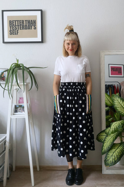 Fun, Comfy and Versatile Special Design Wide Midi Skirt in Dark Blue Polka Dot Print with Contrasting Striped Pockets in One Size Fits All Wide Cotton Skirt - A Minimalist Dream