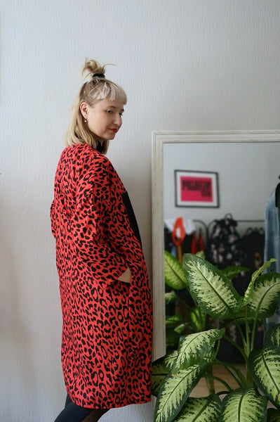 Cool, Fun, Strong and Versetile Oversized Shirt Dress in Red Animal Print Cotton Fabric.