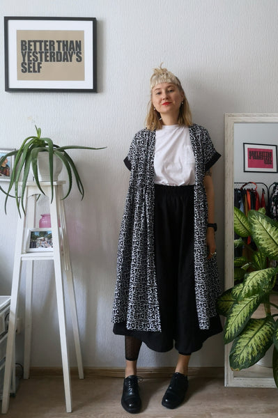 Summer Kimono Dress/ Vest with Wide Skirt Detail made from Black and White paterned cotton.