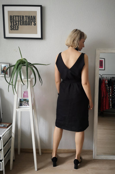 Elegant, Sexy und Fun Concept Black Linen V Neck and Back Straight Dress for All Life Occasions