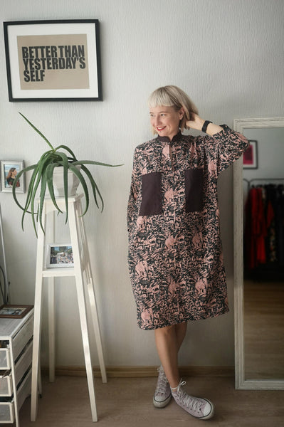 Beautiful, Comfortable, Easy to Wear and Versetile Oversized Shirt Dress in Millenial Pink and Dark Green Jungle Print in Linen - Cotton blend Fabric