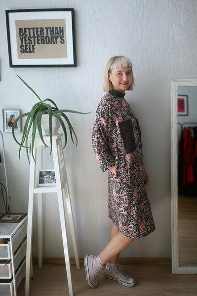 Beautiful, Comfortable, Easy to Wear and Versetile Oversized Shirt Dress in Millenial Pink and Dark Green Jungle Print in Linen - Cotton blend Fabric