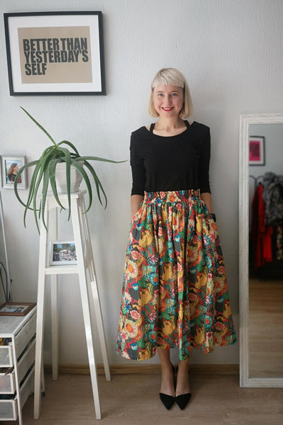Colorful, Bright Flower Patterned Print One Size Fits All Wide Colorful Skirt with Pockets - A Minimalist Dream
