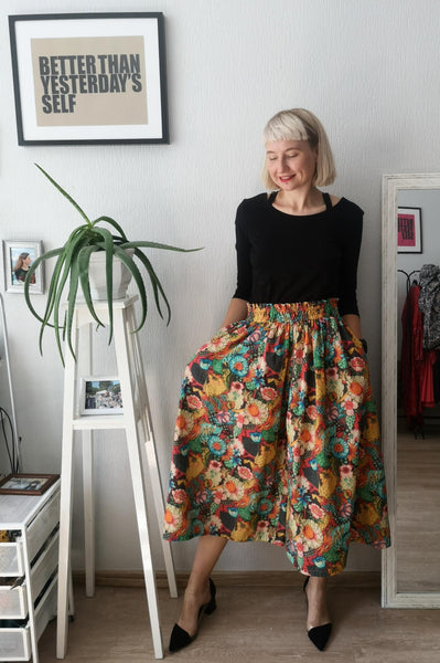 Colorful, Bright Flower Patterned Print One Size Fits All Wide Colorful Skirt with Pockets - A Minimalist Dream