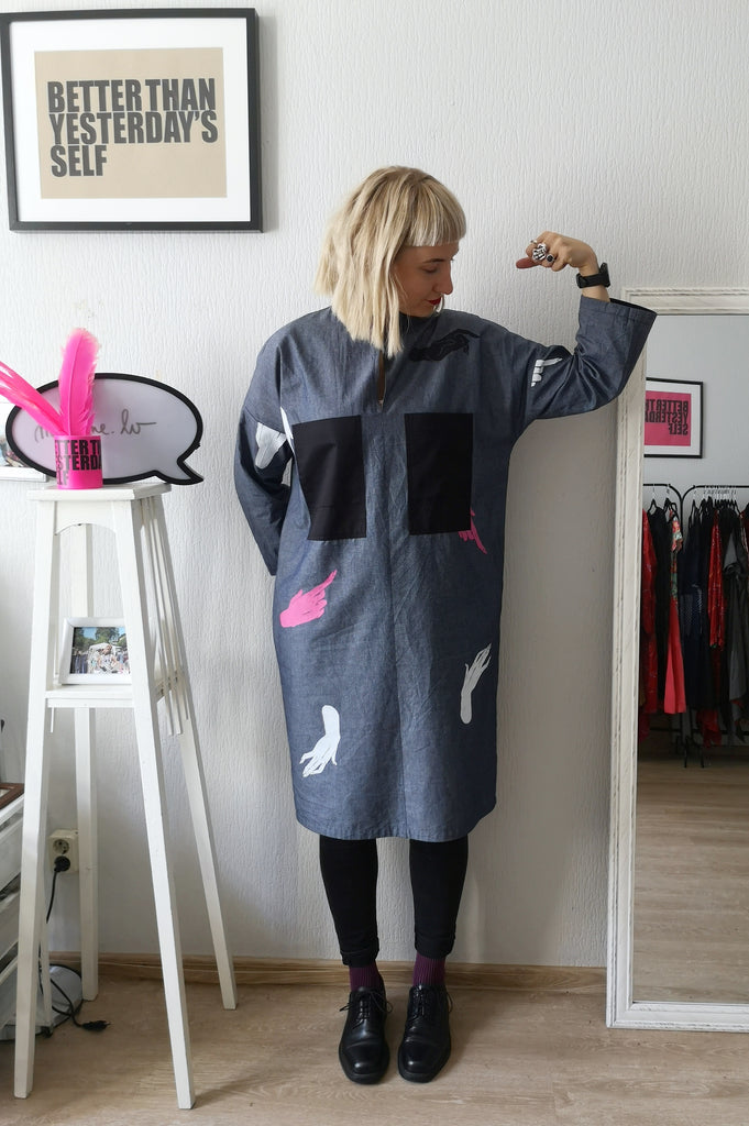 Super Special Hand Screenprinted from Original Dawings by Artist Sabine Vekmane Dark Grey Cotton Oversized Shirt Dress with Oversized Black Ornamental Block Pockets in Front, Black  Fabric Belt and Invisible Side Pockets