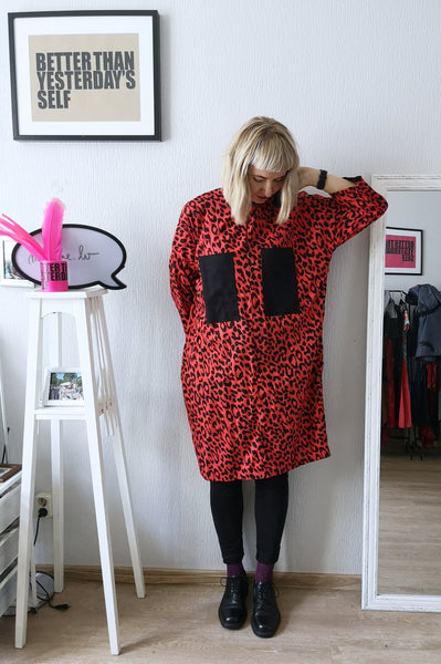 Cool, Fun, Strong and Versetile Oversized Shirt Dress in Red Animal Print Cotton Fabric.