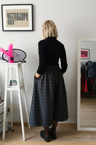 Super Wide One of a Kind Wool Blend Tartan Print in Forest Green, Grey, Black and Red Tones Culottes