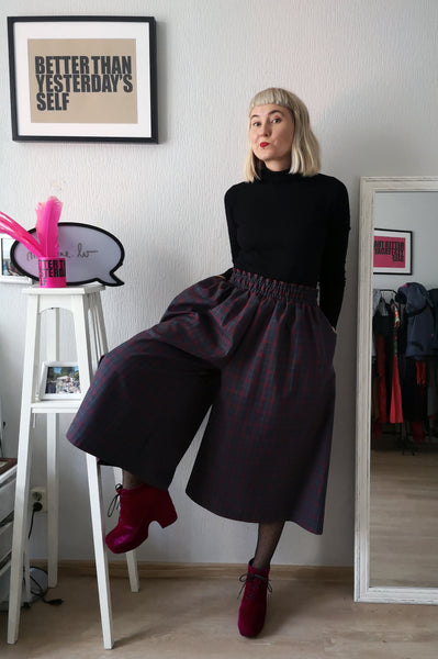 Super Wide One of a Kind Wool Blend Tartan Print Culottes in Red and Blueish Grey Tones