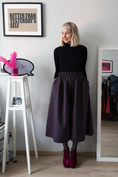 Super Wide One of a Kind Wool Blend Tartan Print Culottes in Red and Blueish Grey Tones