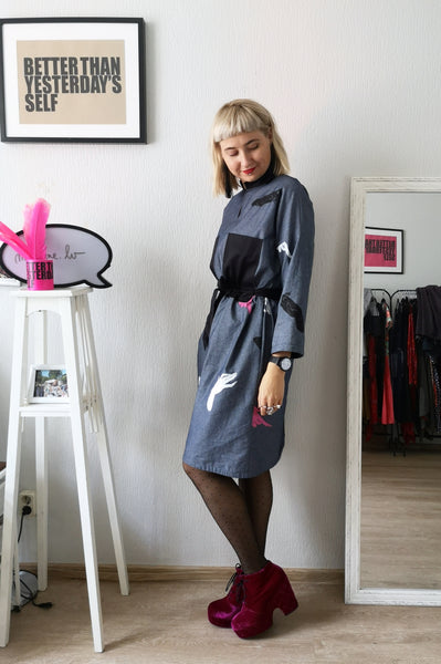 Super Special Hand Screenprinted from Original Dawings by Artist Sabine Vekmane Dark Grey Cotton Oversized Shirt Dress with Oversized Black Ornamental Block Pockets in Front, Black  Fabric Belt and Invisible Side Pockets