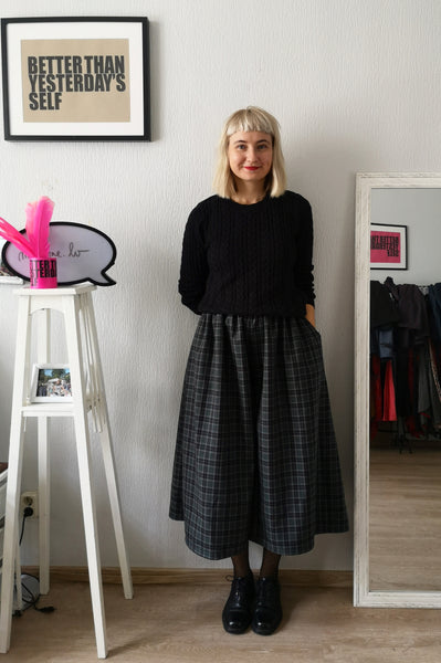 Super Wide One of a Kind Wool Blend Tartan Print in Forest Green, Grey, Black and Red Tones Culottes