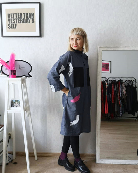 Super Special Hand Screenprinted from Original Dawings by Artist Sabine Vekmane Dark Grey Cotton Oversized Shirt Dress with Oversized Black Ornamental Block Pockets in Front, Black  Fabric Belt and Invisible Side Pockets