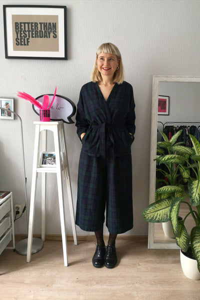 Elegant and Super Cool Wool Blend Tartan suit With Wide Culottes and Kimono Style Jacket