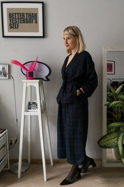 Elegant and Super Cool Wool Blend Tartan suit With Wide Culottes and Kimono Style Jacket