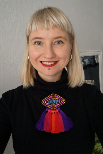 Bright, Fun and Elegant Oversized Rhombus Brooch with Purple Swarovski Crystal, Hot Pink and Gold Beads and Purple, Red and Pink Tassels