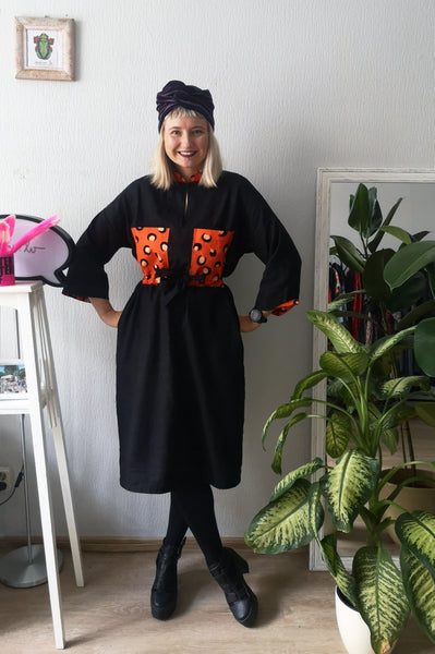 Elegant, Super Cool, Comfortable, Easy to Wear and Versetile Mama Africa Oversized Shirt Dress in Black Linen and Cool Details made from Bright Orange-Red Cotton Fabric directy from Africa
