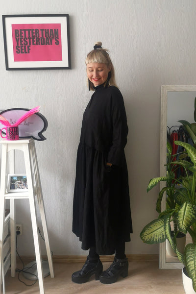 Fancy and Comfy Oversized Black Linen Shirt Dress with Wide Ruffle Skirt Part