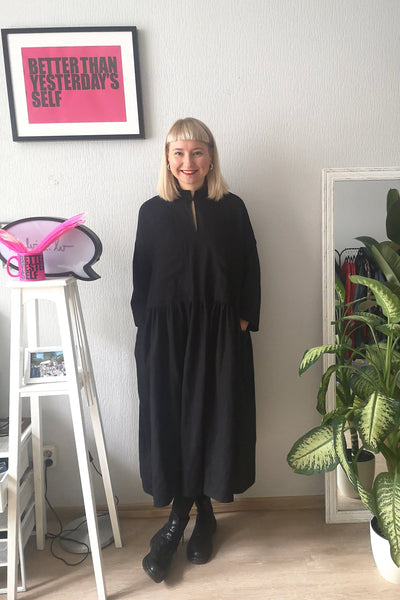 Fancy and Comfy Oversized Black Linen Shirt Dress with Wide Ruffle Skirt Part