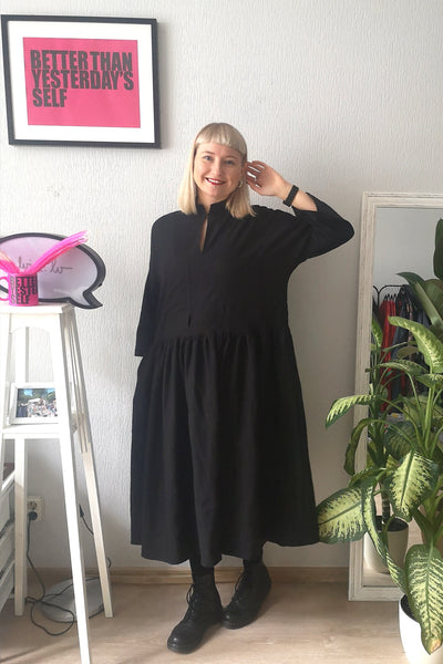 Fancy and Comfy Oversized Black Linen Shirt Dress with Wide Ruffle Skirt Part