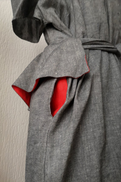 Transformer piece for all seasons - Cold Shoulder Grey Linen kimono wrap dress with Bright Red Linen Details