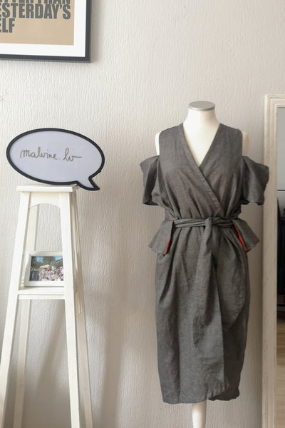 Transformer piece for all seasons - Cold Shoulder Grey Linen kimono wrap dress with Bright Red Linen Details