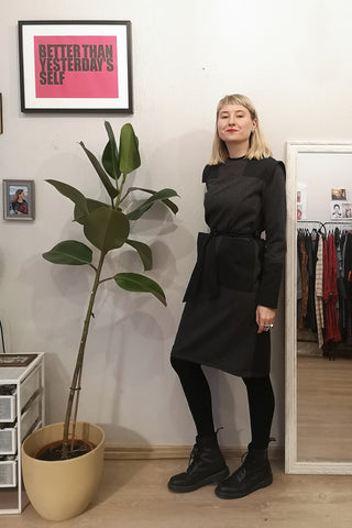 Straight Cut Space Warrior Princess Dress with oversized pockets in  Grey Light Wool Blend Herringbone Patterned Fabric Mixed With Darker Grey Cotton Fabric.