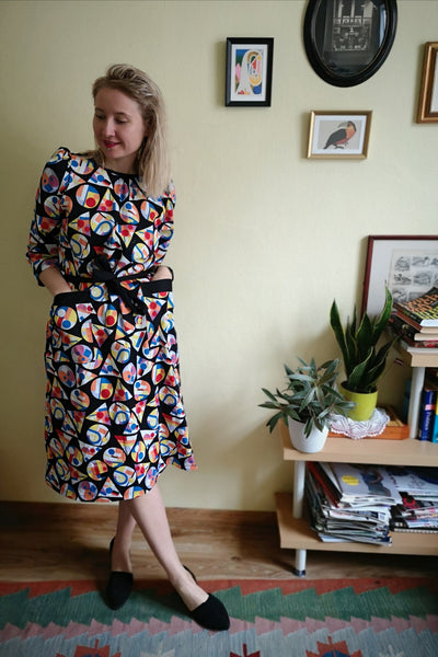 70s Inspired Super Colorful Geometrical Patterned Midi Dress with Puff Sleeves and Ornamental and Practical Pockets in Cotton Fabric