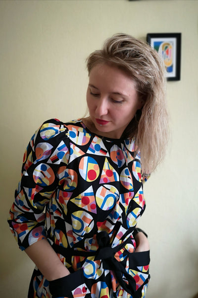 70s Inspired Super Colorful Geometrical Patterned Midi Dress with Puff Sleeves and Ornamental and Practical Pockets in Cotton Fabric