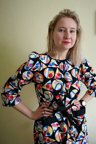 70s Inspired Super Colorful Geometrical Patterned Midi Dress with Puff Sleeves and Ornamental and Practical Pockets in Cotton Fabric