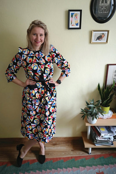 70s Inspired Super Colorful Geometrical Patterned Midi Dress with Puff Sleeves and Ornamental and Practical Pockets in Cotton Fabric