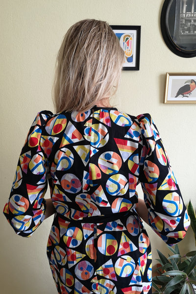 70s Inspired Super Colorful Geometrical Patterned Midi Dress with Puff Sleeves and Ornamental and Practical Pockets in Cotton Fabric