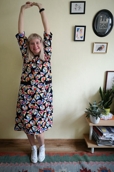 70s Inspired Super Colorful Geometrical Patterned Midi Dress with Puff Sleeves and Ornamental and Practical Pockets in Cotton Fabric