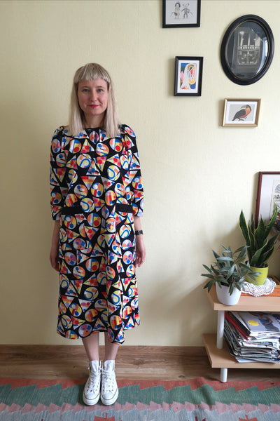 70s Inspired Super Colorful Geometrical Patterned Midi Dress with Puff Sleeves and Ornamental and Practical Pockets in Cotton Fabric