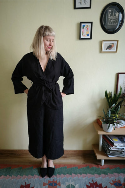 Kimono and Minimalist inspired Black Linen Power Suite