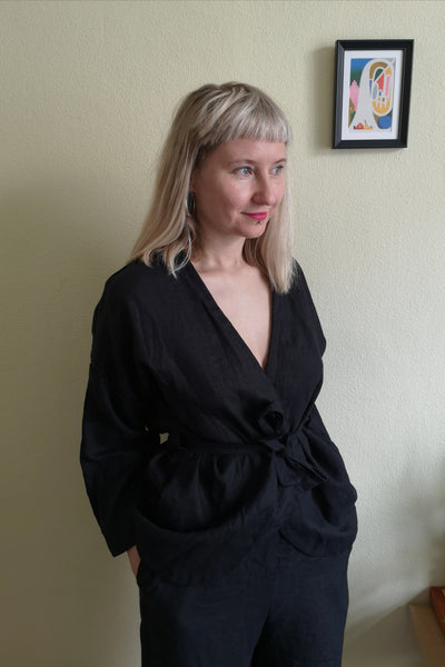 Kimono and Minimalist inspired Black Linen Power Suite
