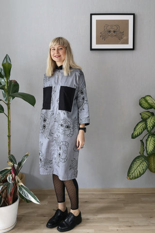 Beautiful, Comfortable, Versatile Oversized Shirt Dress "Bell Hooks" made in Grey Lāčplēsene patterned Cotton fabric. 